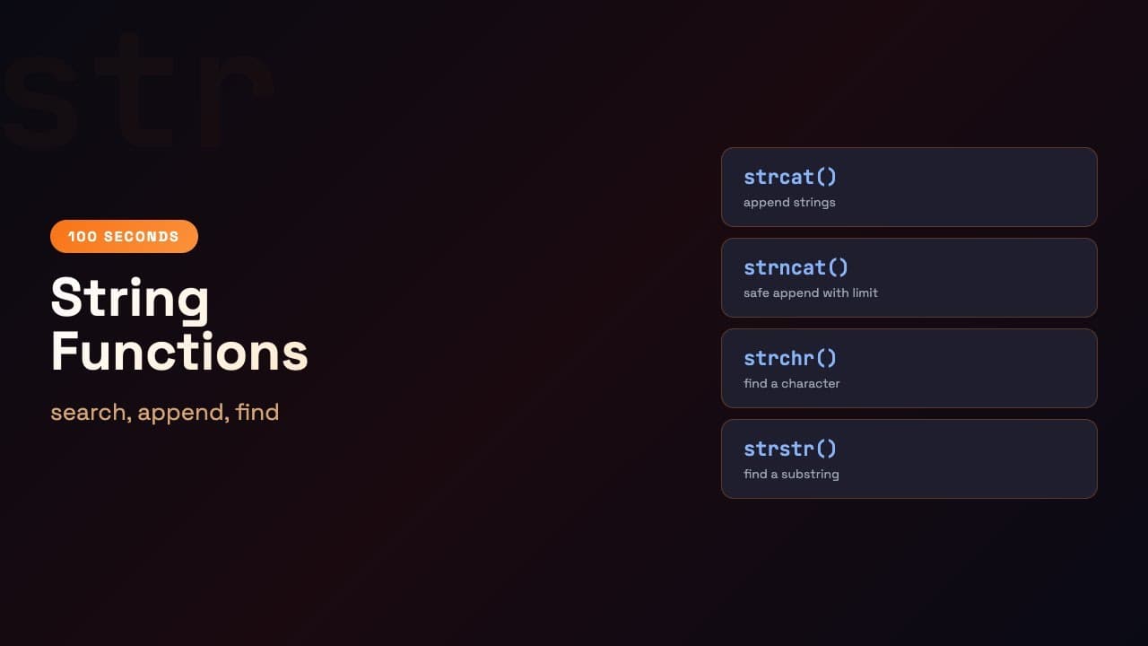 C in 100 Seconds: String Functions — strcat, strchr, strstr
