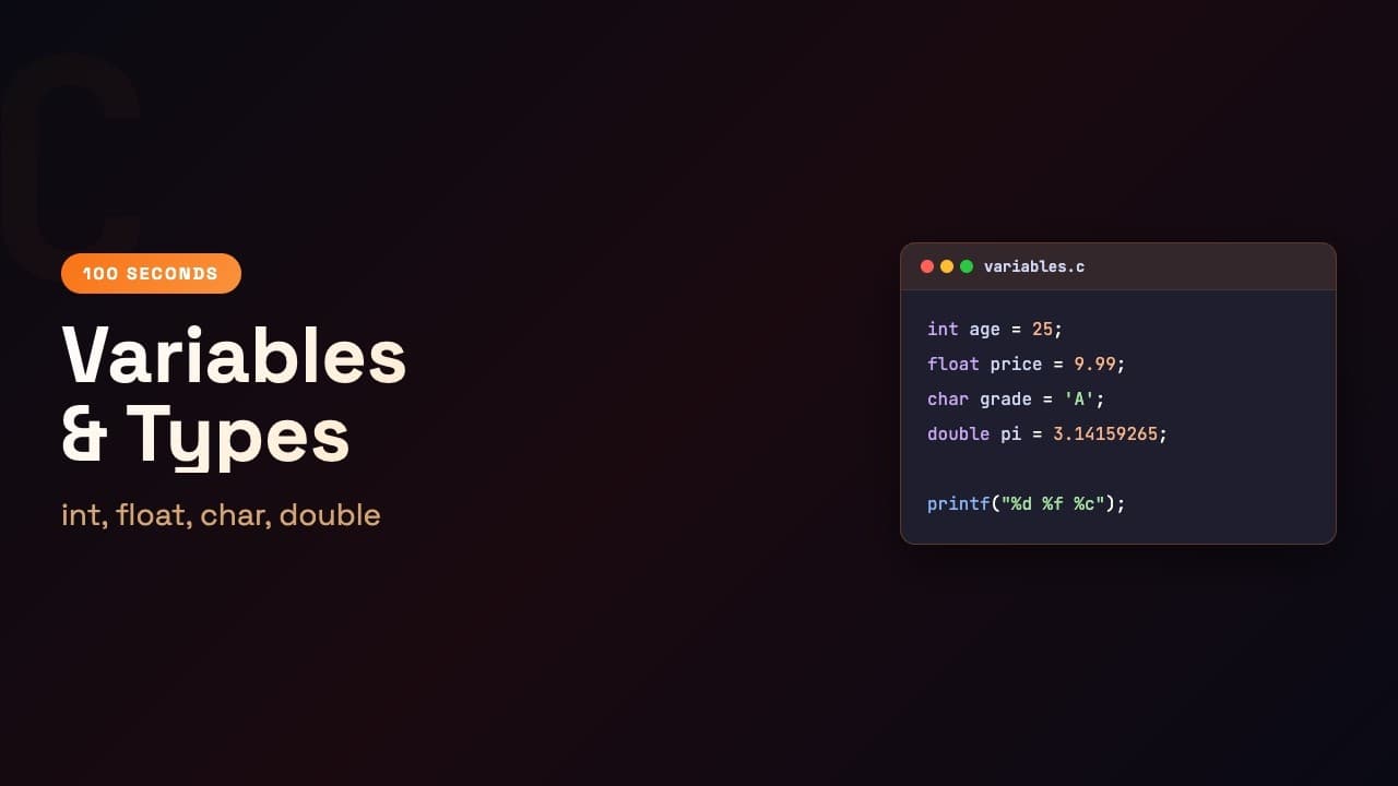 C in 100 Seconds: Variables and Types | Episode 2